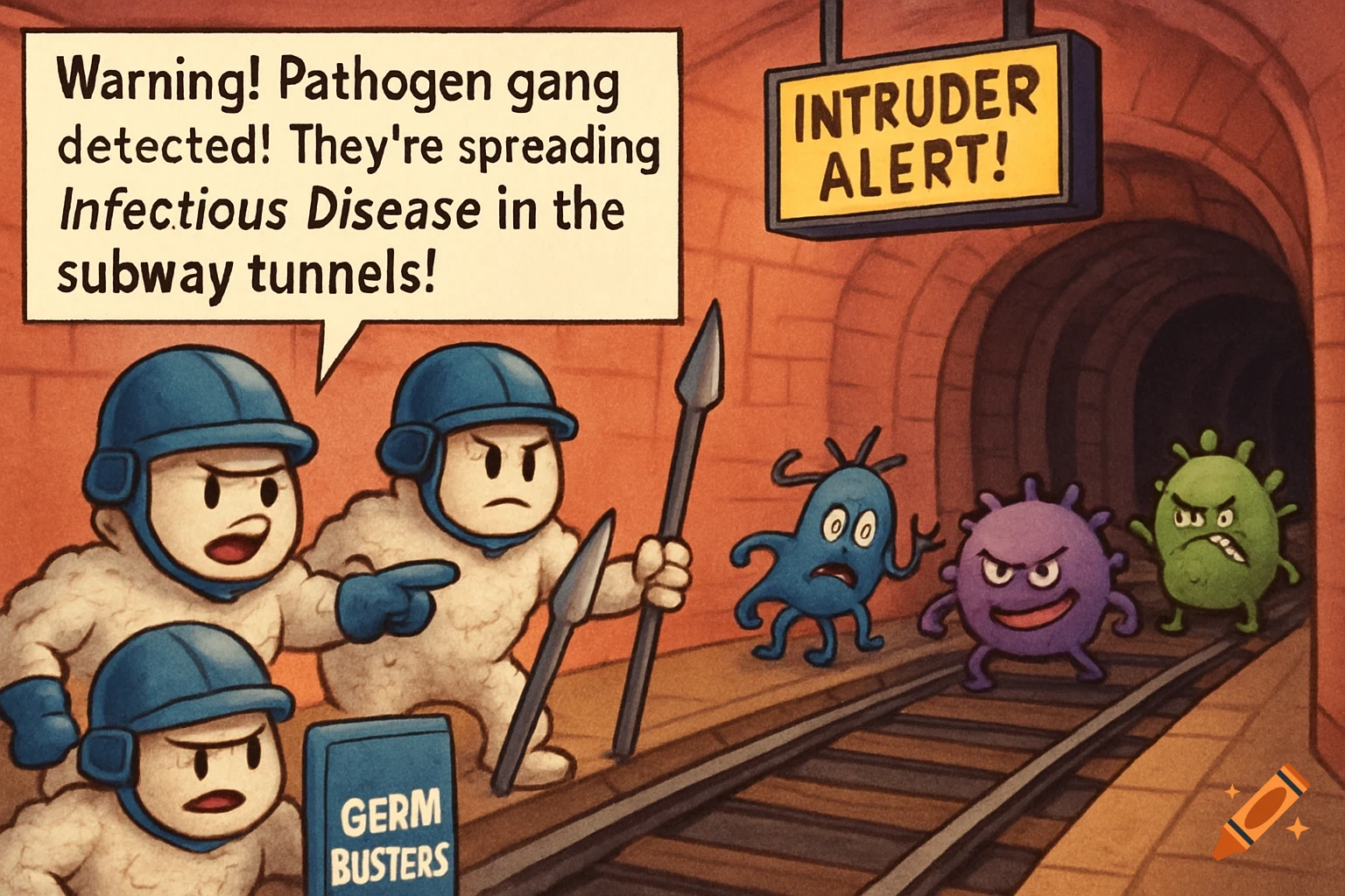 Cartoon germ busters confront pathogens in a subway tunnel with speech bubble text.