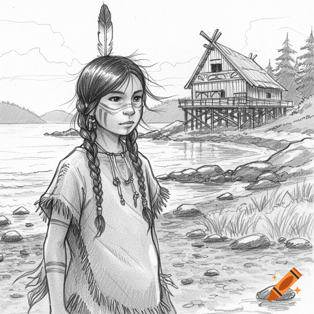 Pencil sketch of a Native American girl with braided hair and face paint, standing on a rocky shore with a traditional house on stilts behind her.