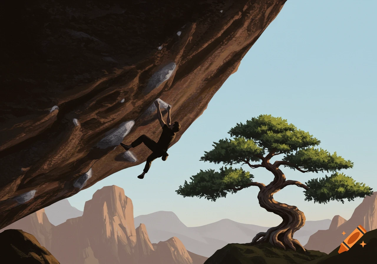 A silhouetted climber bouldering on an overhanging rock next to a bonsai-like tree. Stylized landscape art.