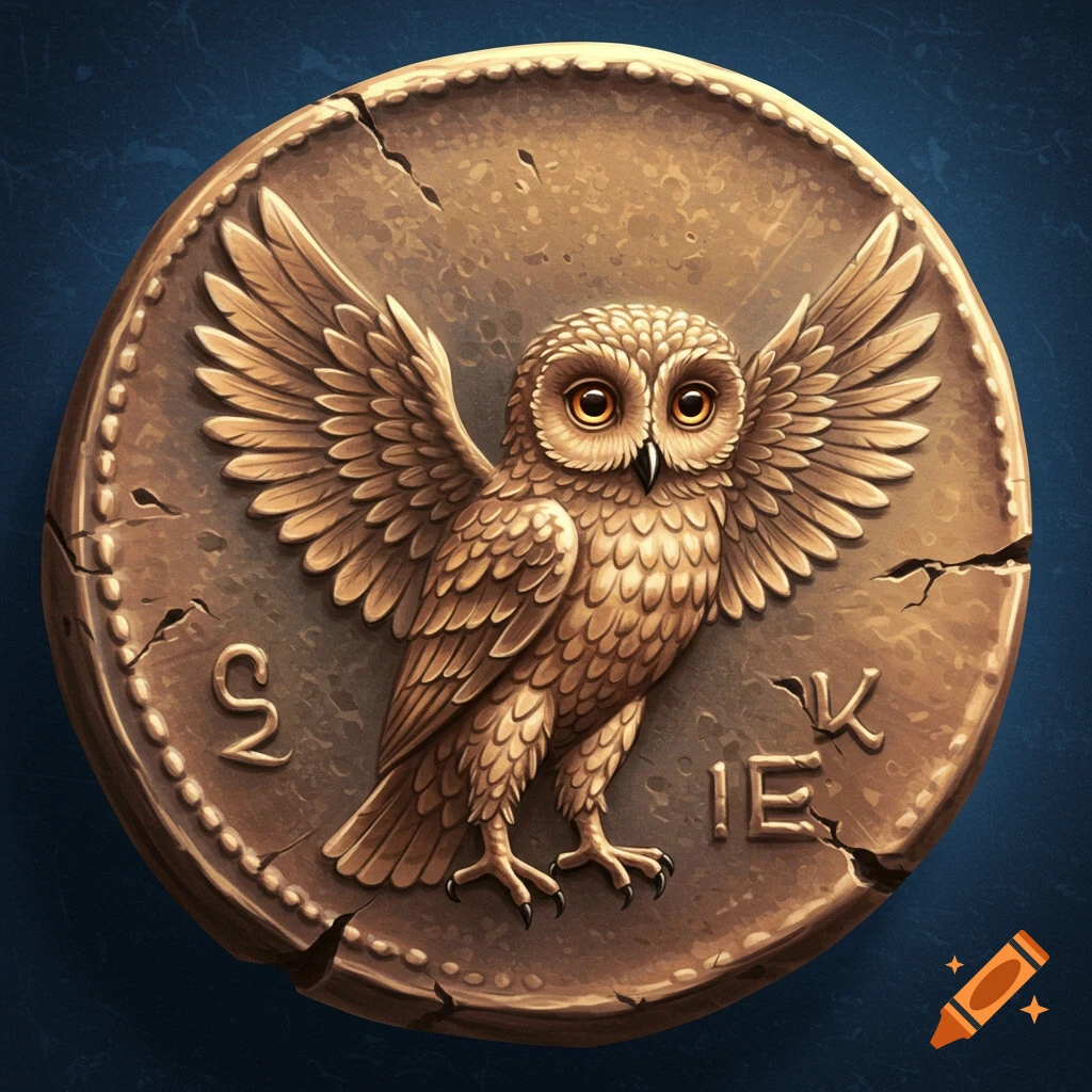 A bas relief bronze coin featuring an owl with spread wings.