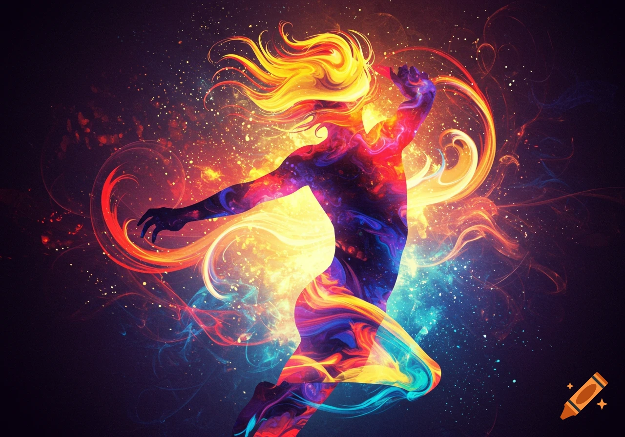 A stylized silhouette of a person leaping, filled with swirling bright colors and light trails on a dark background.