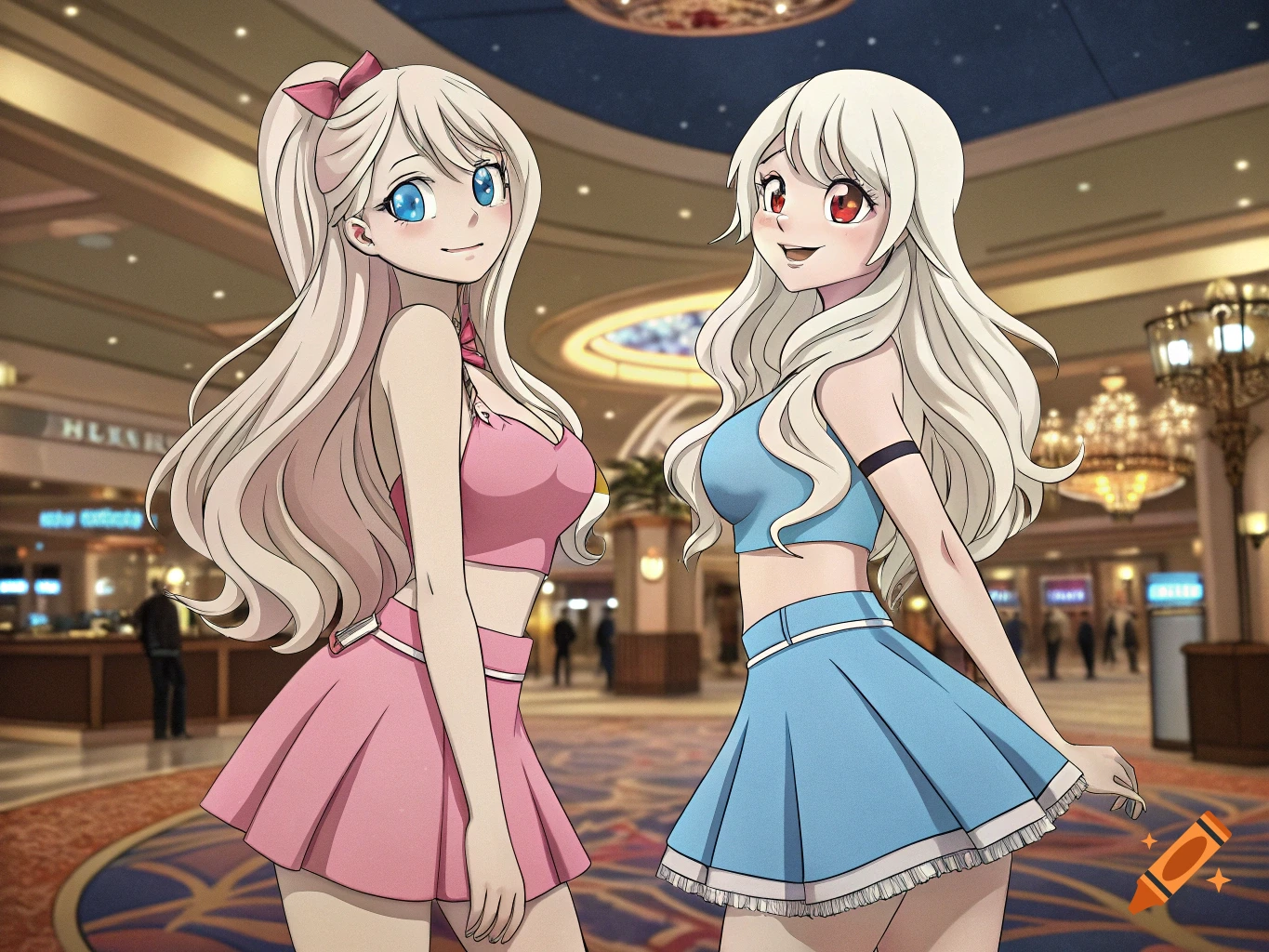 Anime style two girls with white hair and bright eyes in pink and blue skirts in a casino lobby.