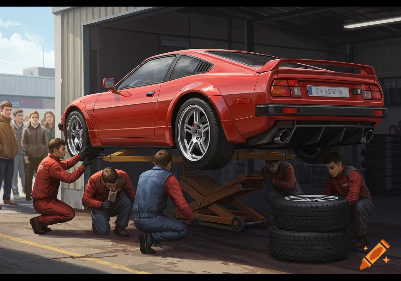 Red sports car on lift in garage with mechanics working on it and people watching.