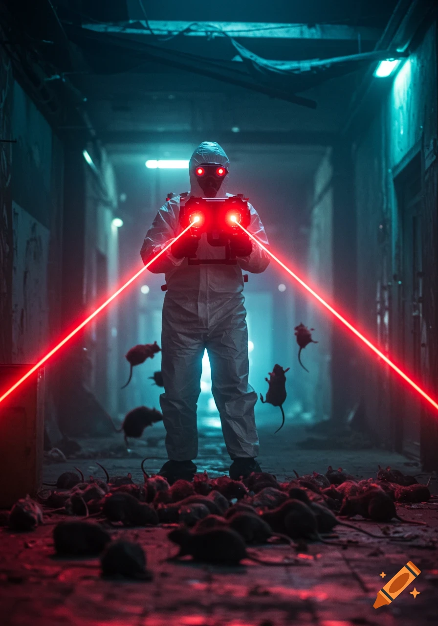 Smart Rats Sci Fi Person in hazmat suit using eye lasers to exterminate rats in dark ...