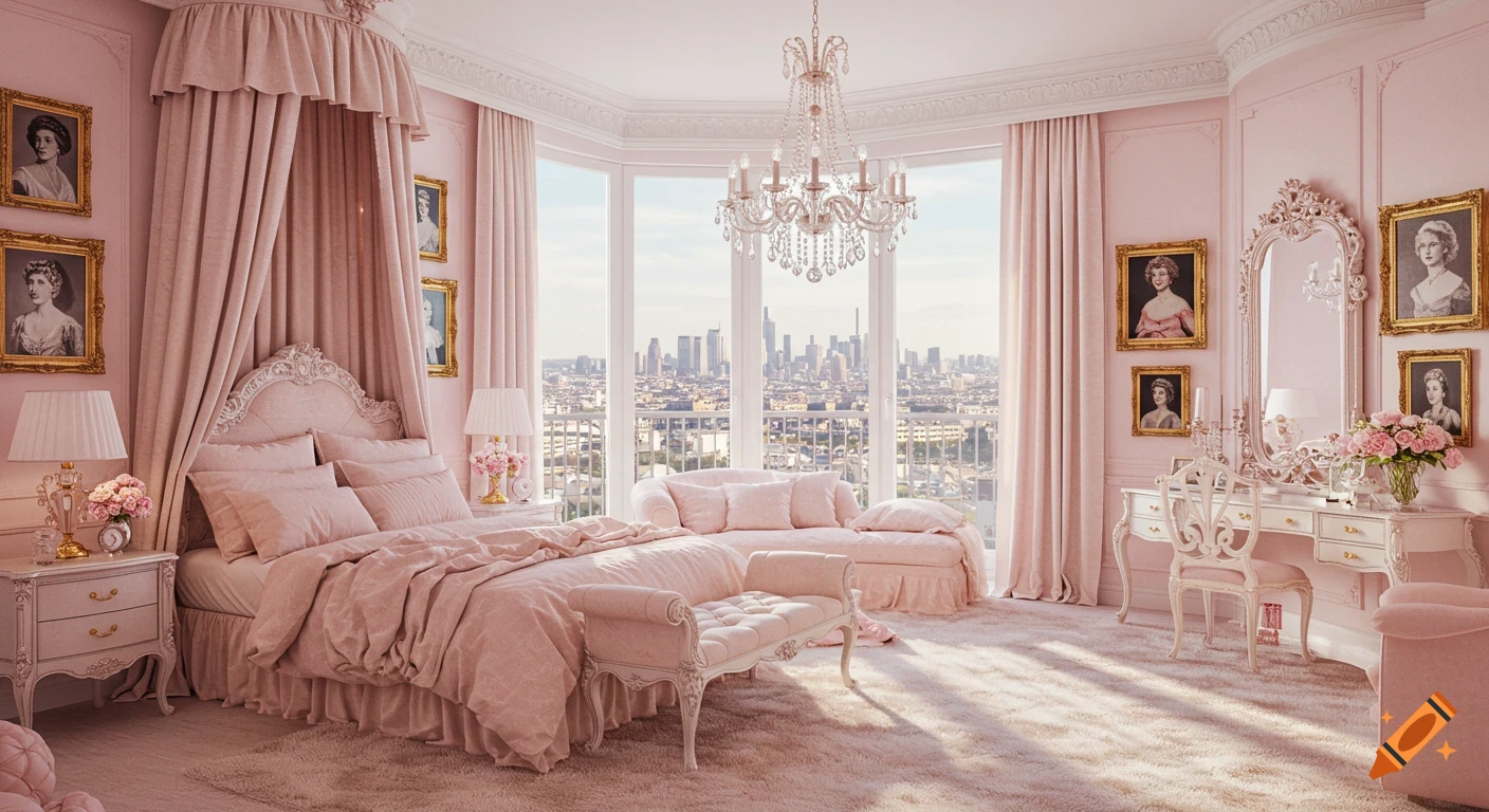 Pink luxury bedroom with a large canopy bed, chandelier, dressing table, and city skyline view from a wide window.