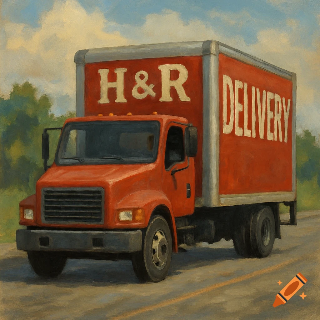 Red H&R Delivery truck on a road in a painting style
