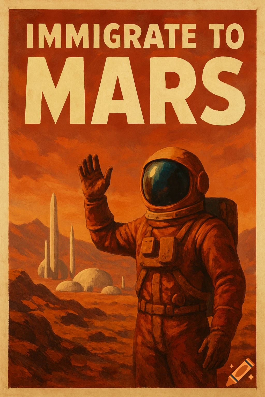 Retro-style poster shows an astronaut on the surface of Mars waving, with the text "IMMIGRATE TO MARS".