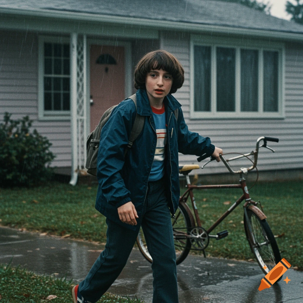 A boy with a backpack walks next to a bicycle in the rain in front of a house.