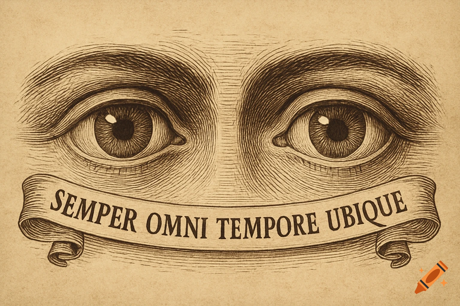 Etching of two eyes with a banner reading 'Semper Omni Tempore Ubique'