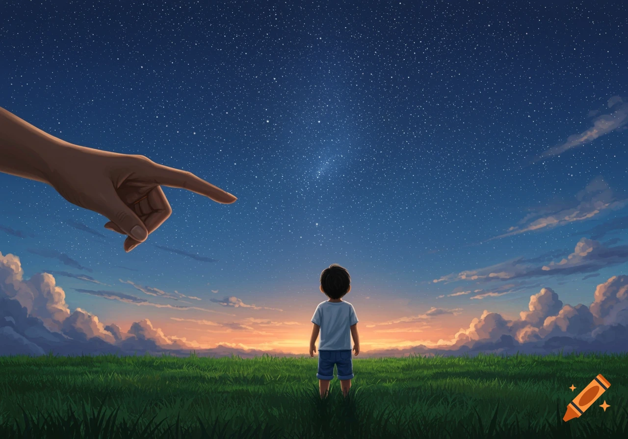Illustration of a hand pointing to a child looking up at a starry sky over a field at sunrise.
