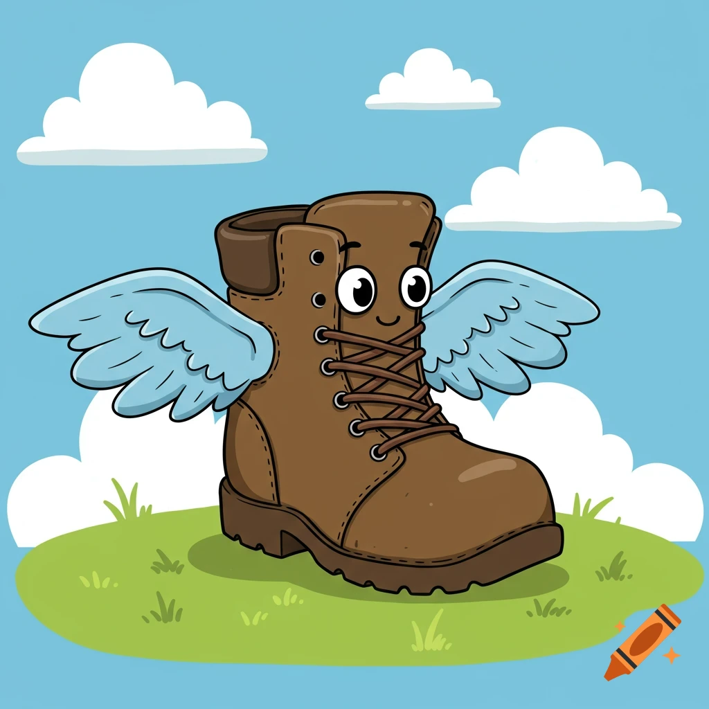 Cartoon boot with wings flies over green grass under a blue sky with ...