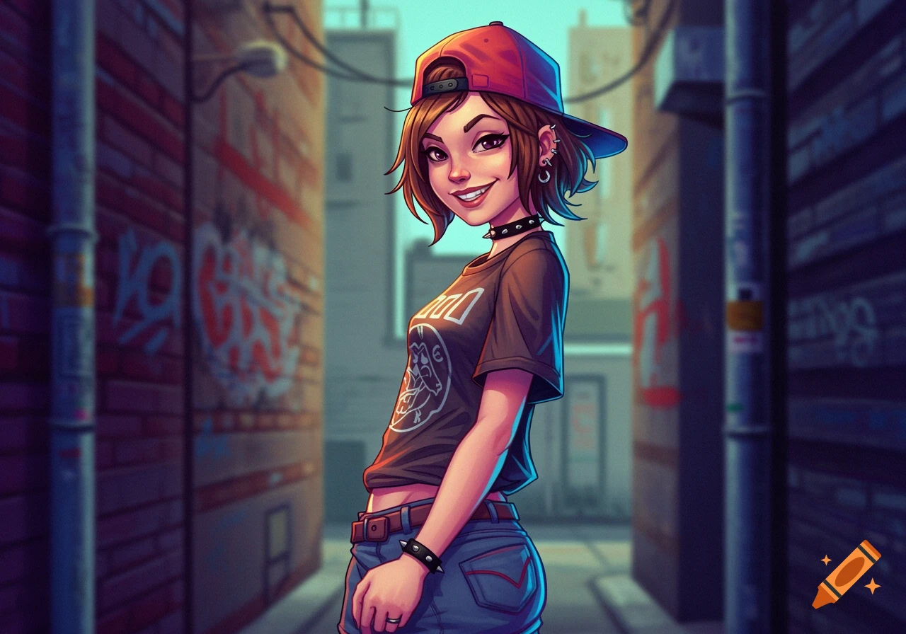 Tomboy girl with backward cap in urban alley, anime style.