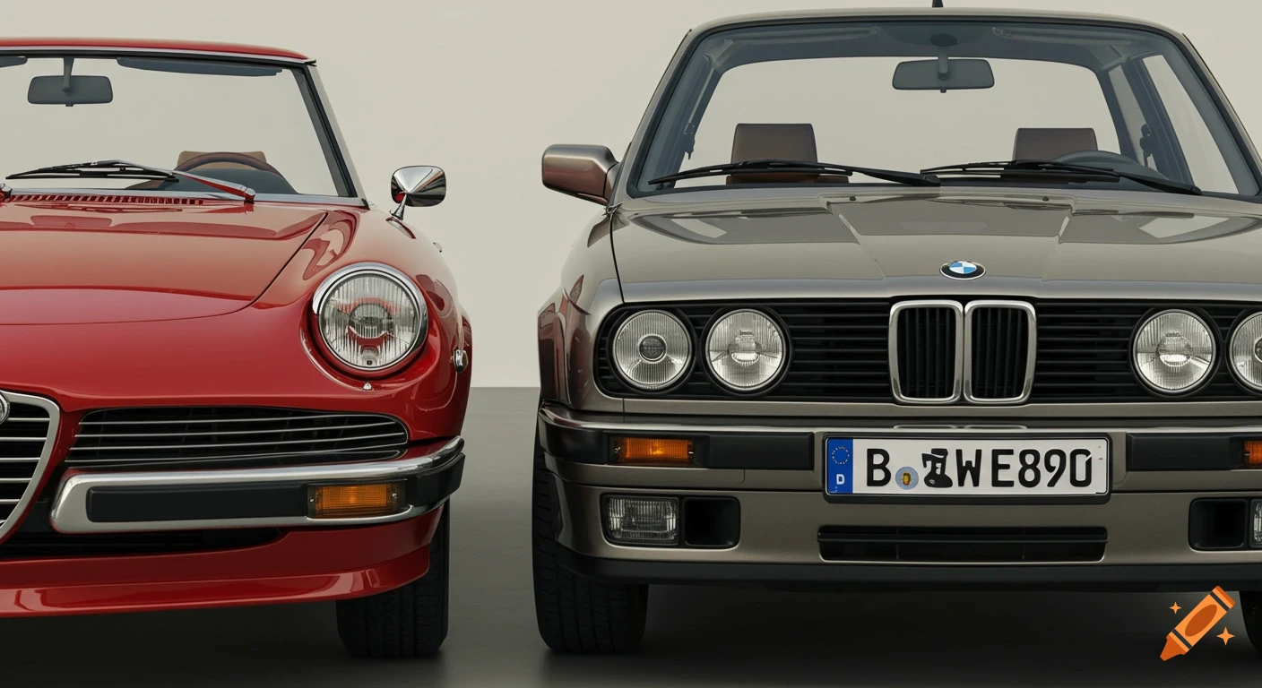 Front profiles of a red classic Alfa Romeo Spider and a gray BMW E30 side-by-side.