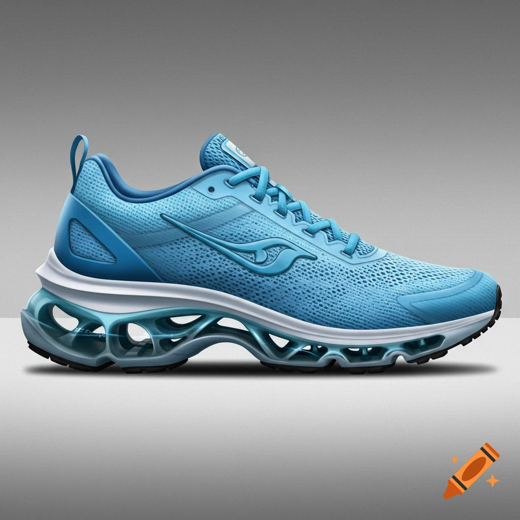 Light blue running shoe with a mesh upper and layered, sculptural sole.