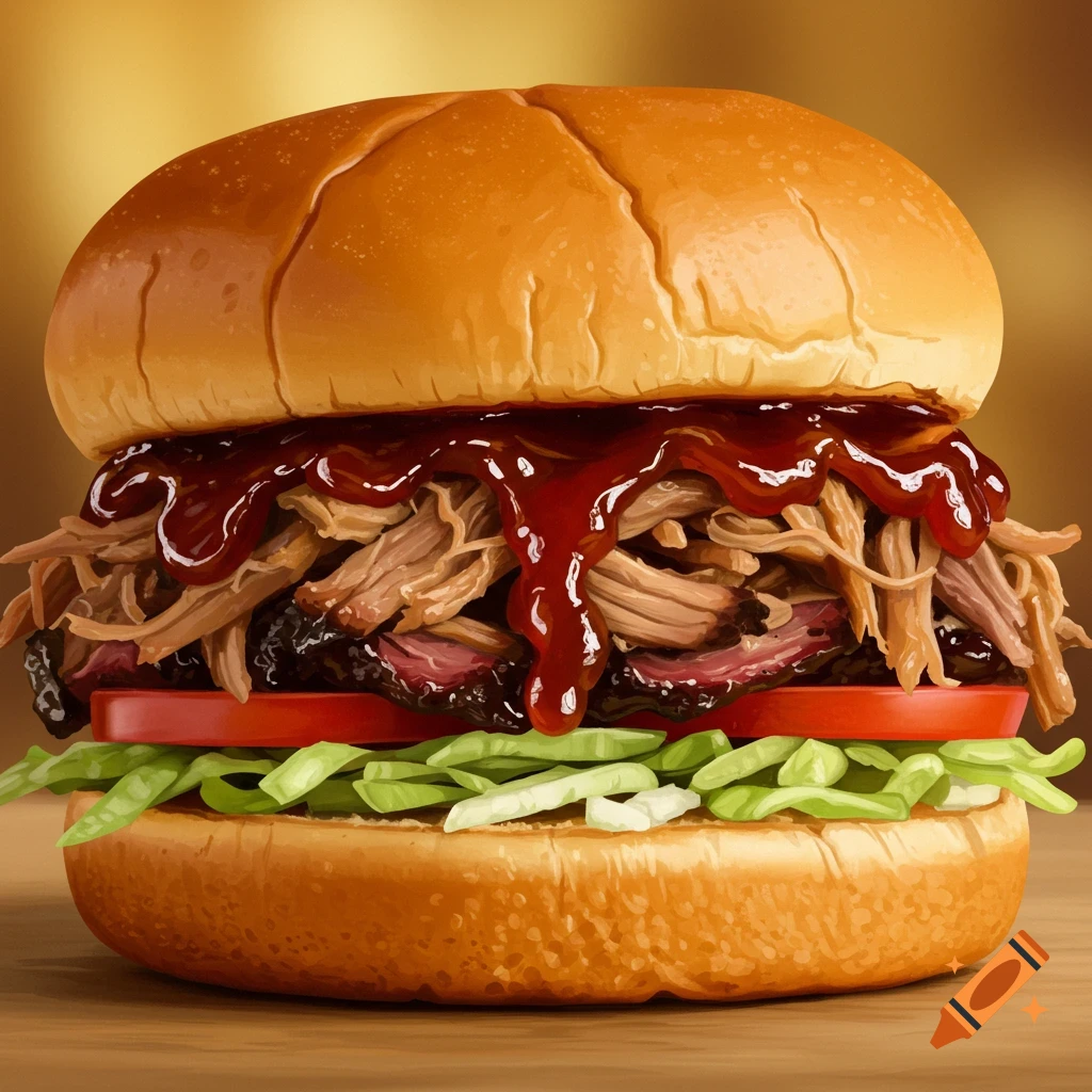 Close-up of a barbecue pulled pork sandwich with sauce, tomato, and lettuce.