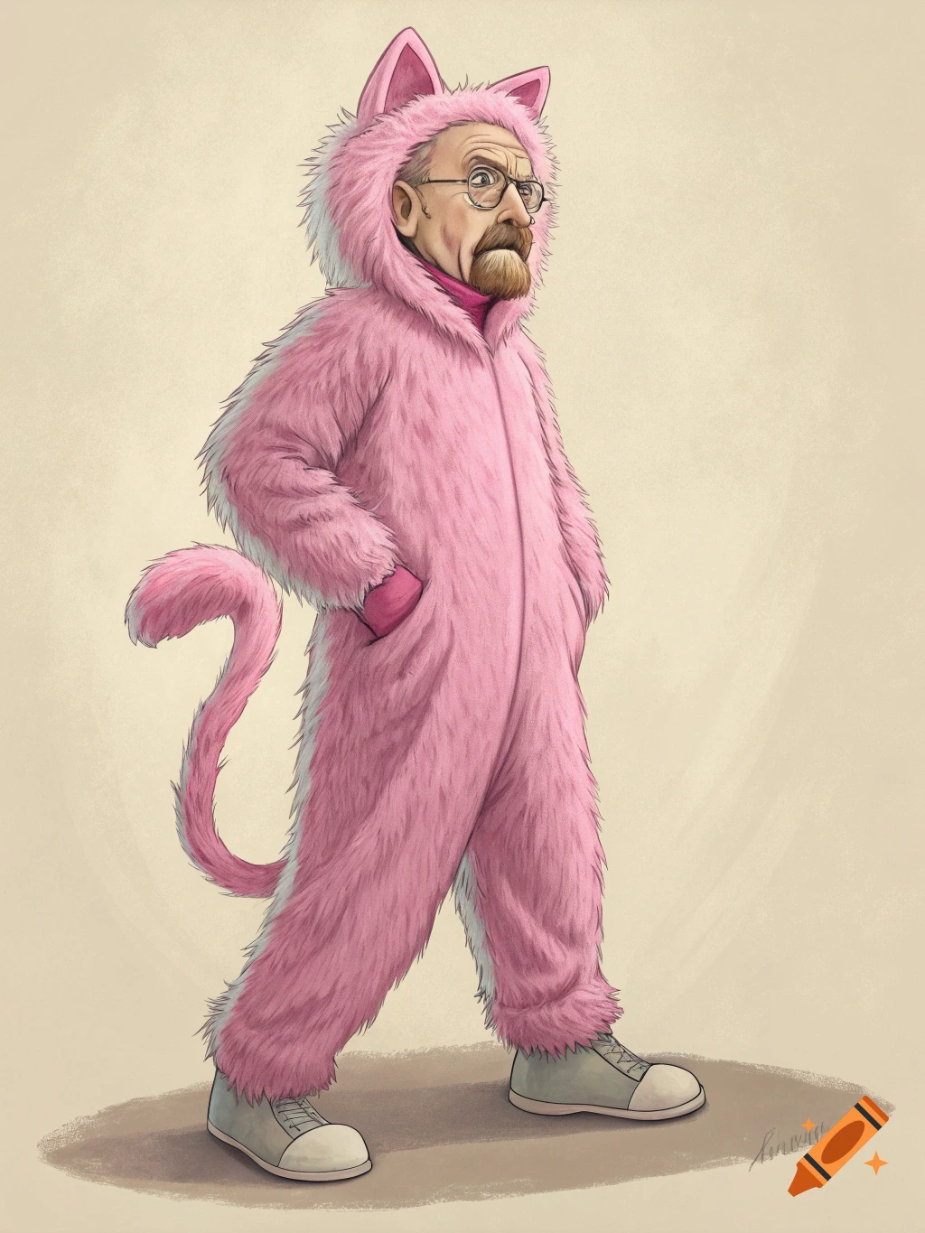 Illustration of Walter White from Breaking Bad wearing a pink cat fursuit.