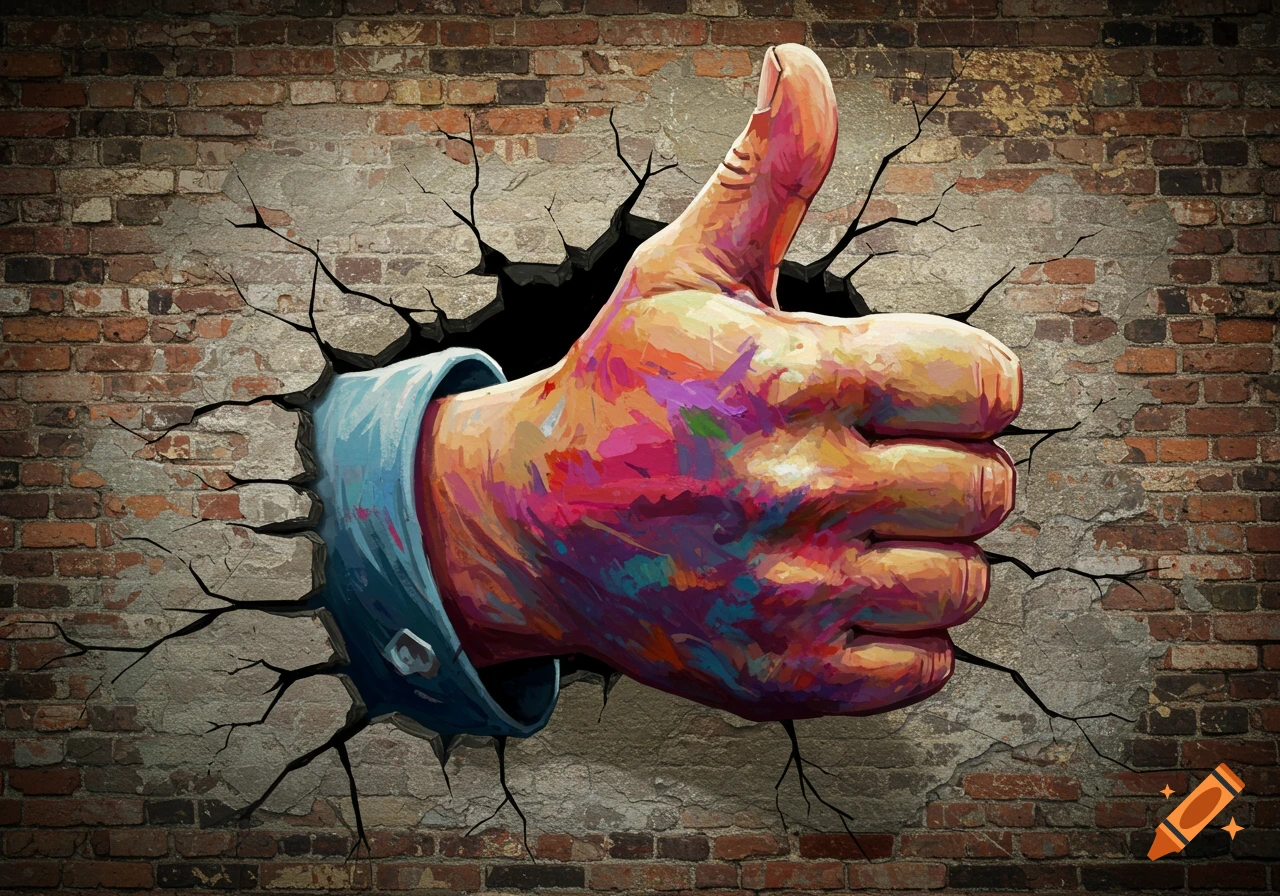 A colorful hand giving a thumbs up breaks through a brick wall.