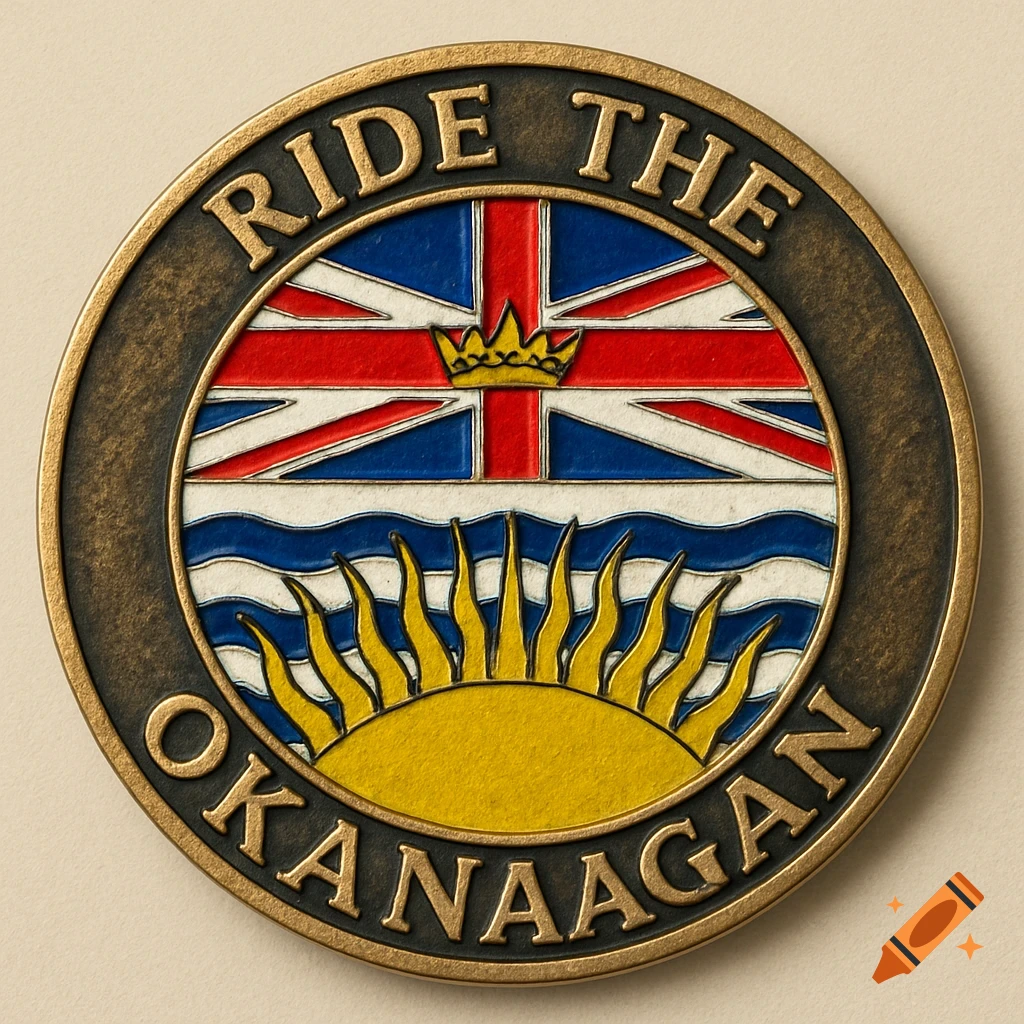 A challenge coin featuring the British Columbia flag and the text 'RIDE THE OKANAGAN' around the edge.