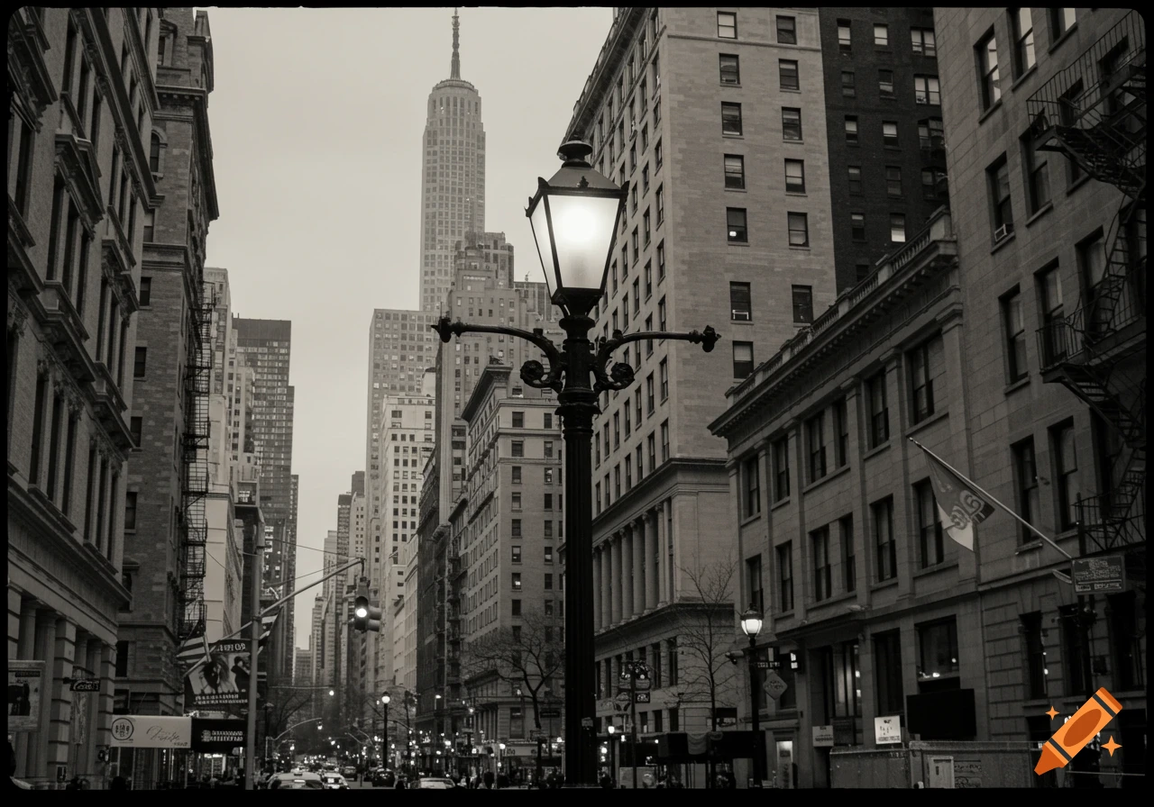 Black and white photo of a city street with buildings, a lamppost, and the Empire State Building in the distance.