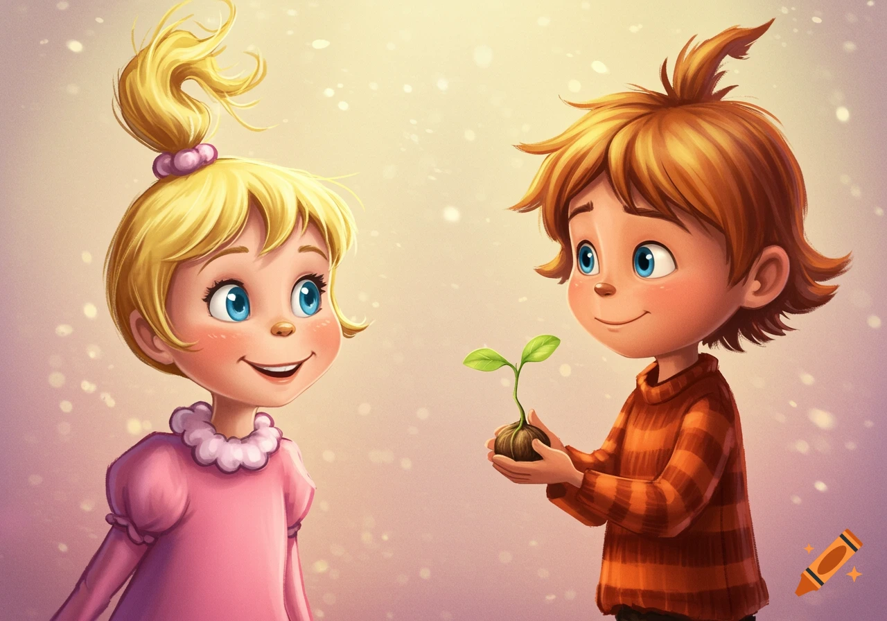 A cartoon boy gives a girl a small plant.