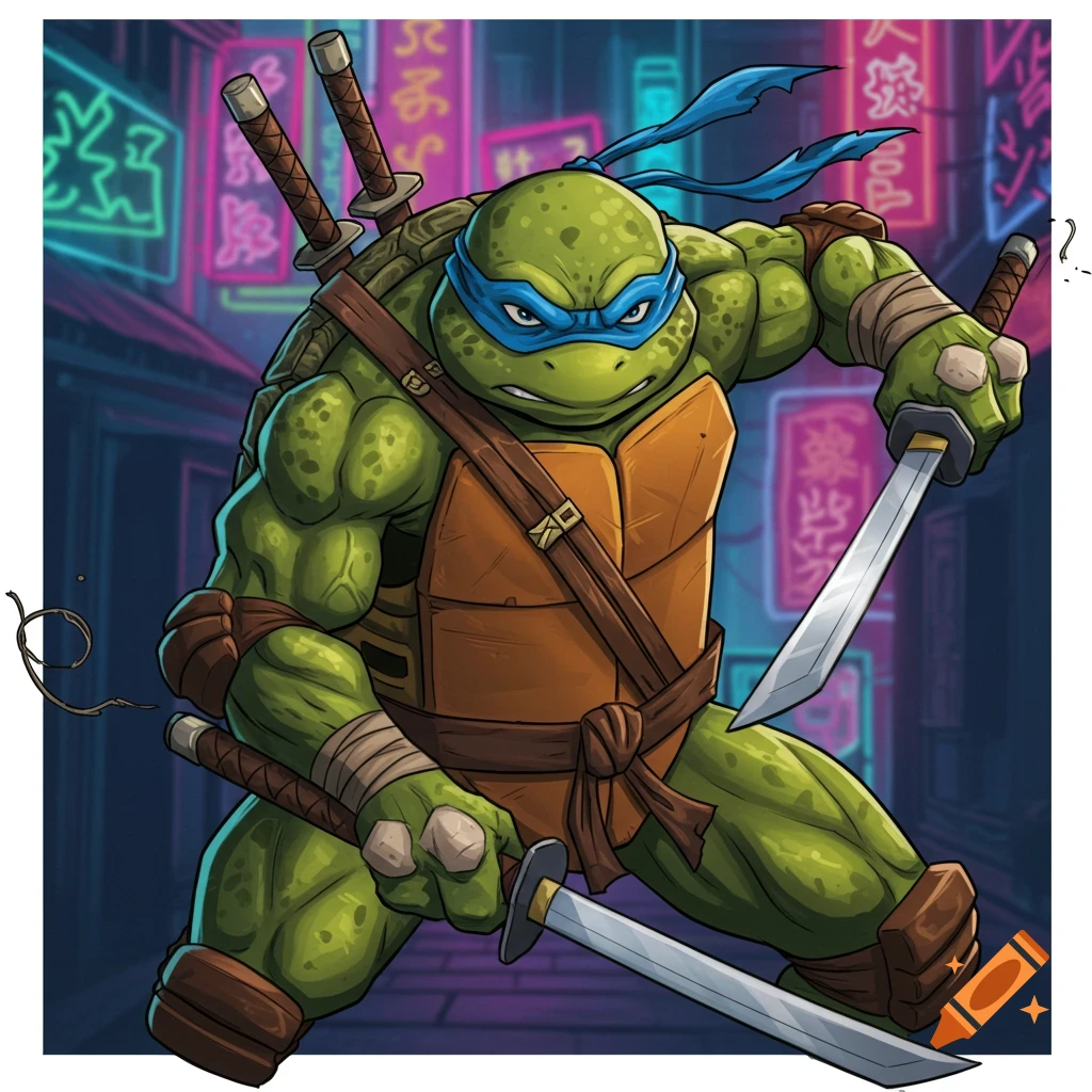 Cartoon illustration of Leonardo from TMNT in a fighting pose with katanas against a neon city background.