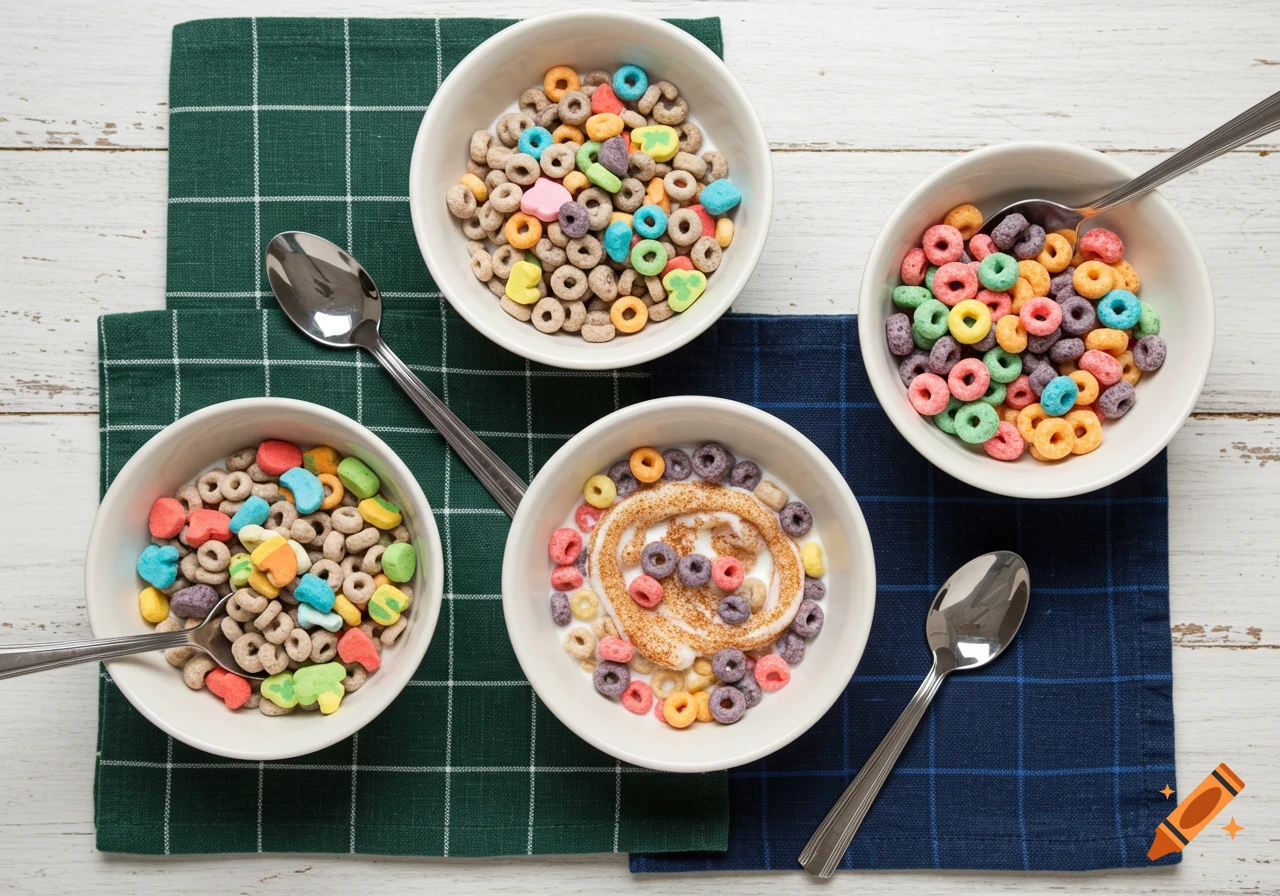 Overhead view of three bowls of cereal (Lucky Charms, Froot Loops, Cinnamon Toast Crunch) with spoons on placemats and a white table.