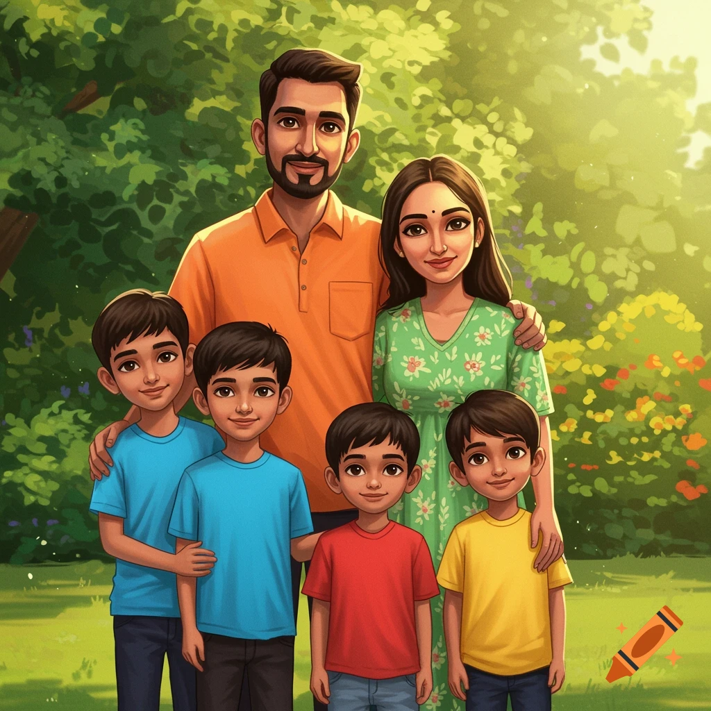 Illustration of a family of five (father, mother, three boys) standing in a park.
