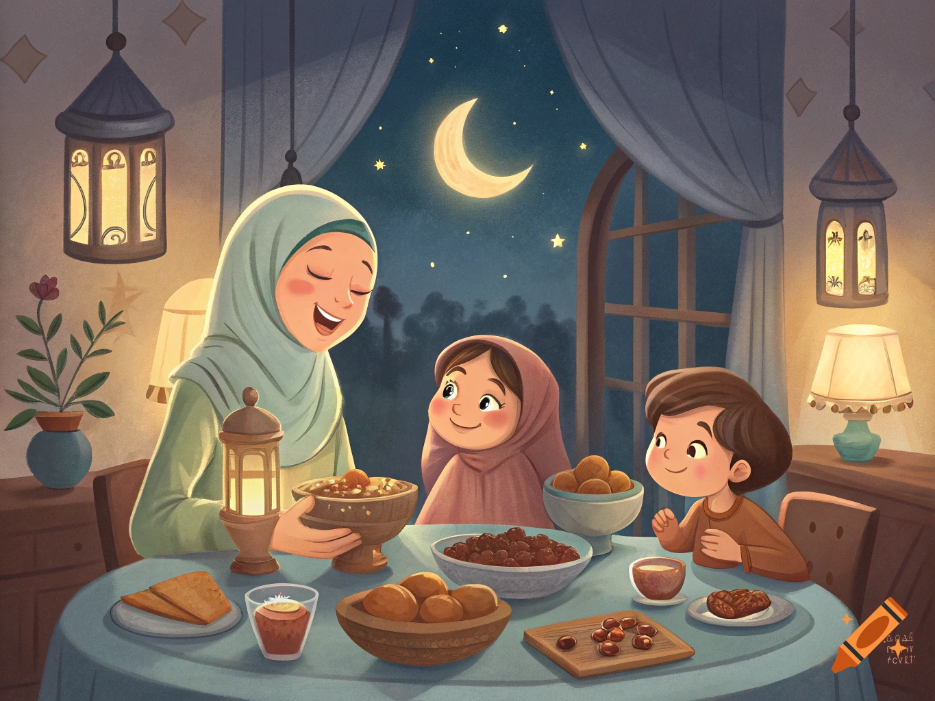Illustration of a mother and two children eating at a table at night with lanterns and a crescent moon.