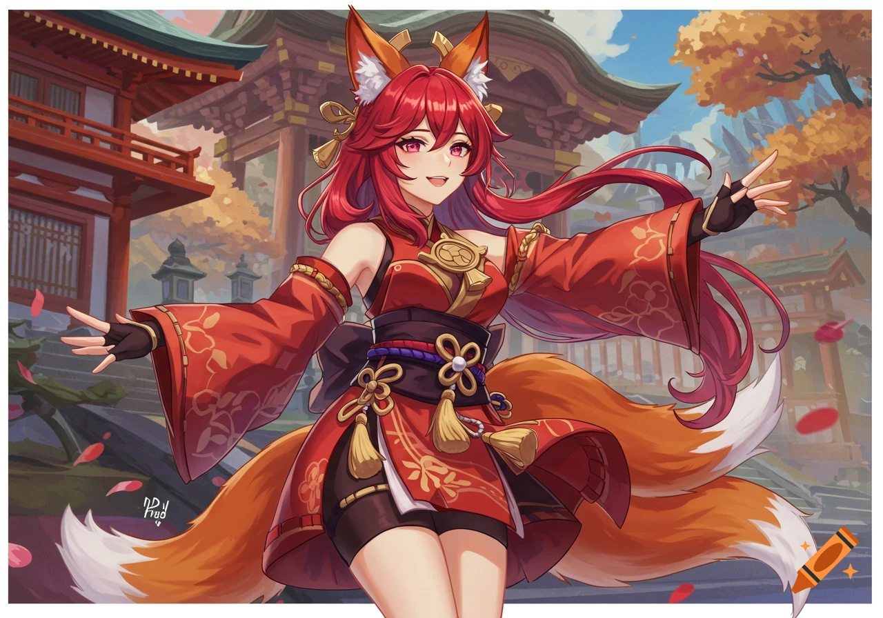 Anime character with red hair and fox ears/tails in a red kimono, standing in front of a Japanese temple.