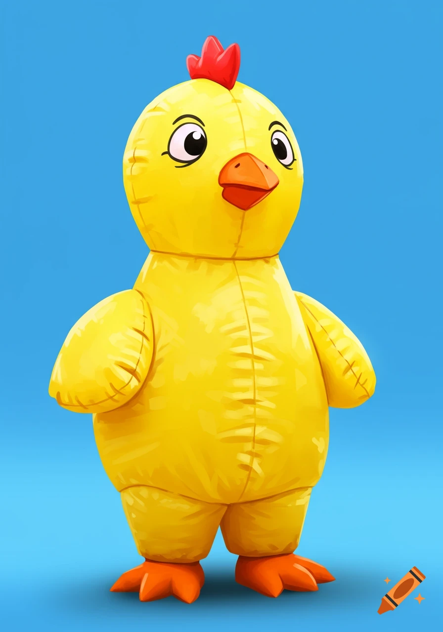 A cartoon illustration of a yellow inflatable chicken costume standing on a blue background.