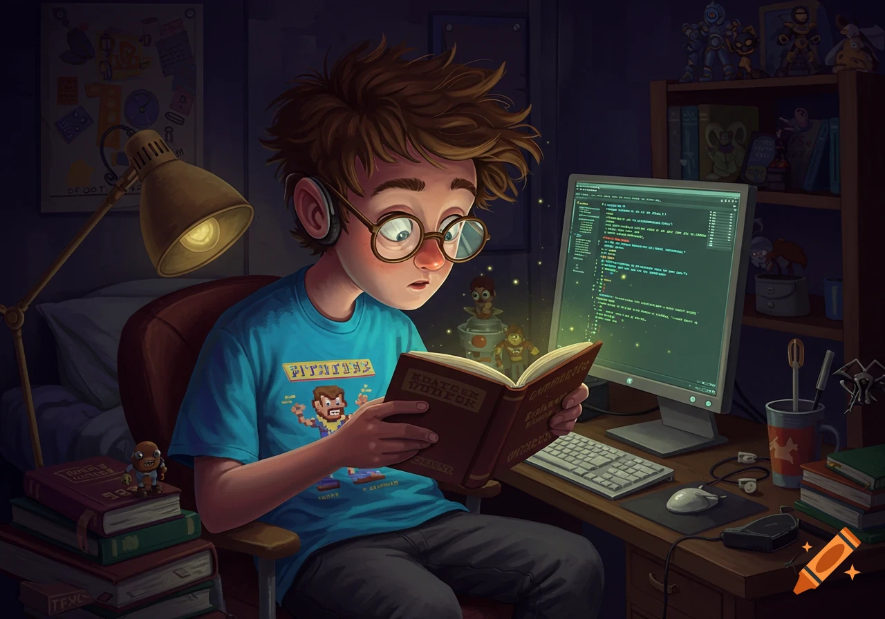 Stylized illustration of a young boy reading a glowing book at a desk with a computer.