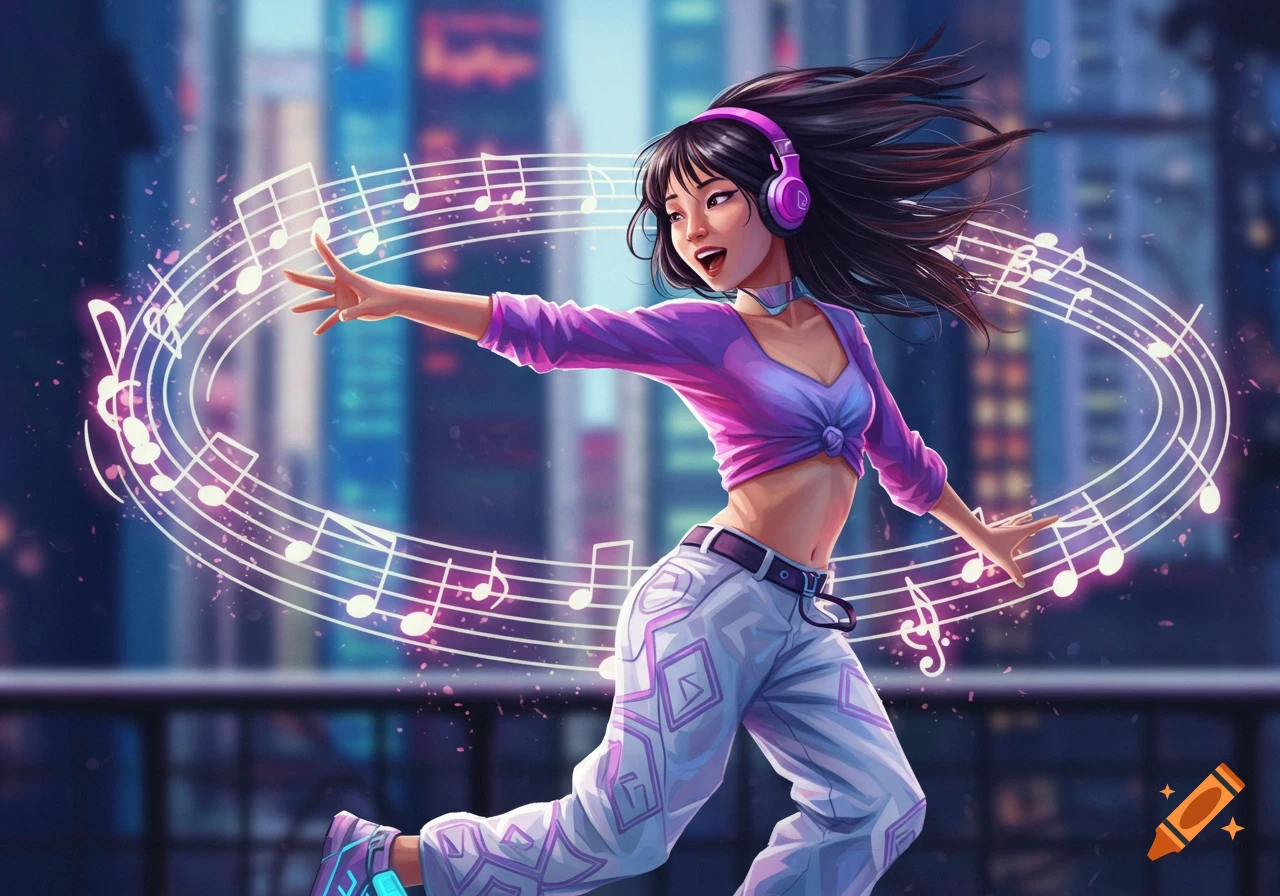 A young woman with headphones dances among musical notes in a city at night, illustrated style.