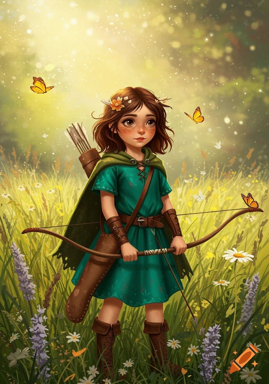 A young girl with a bow and arrow stands in a sunlit meadow with butterflies in a fantasy illustration style.