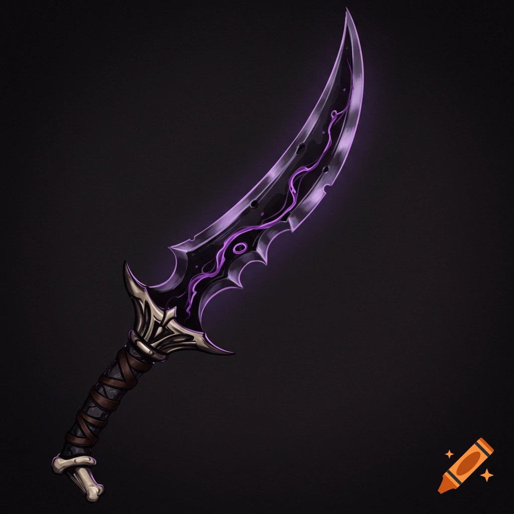 A dark fantasy scimitar with a jagged blade, purple glowing veins, a bone-like pommel, and a wrapped handle on a dark background.