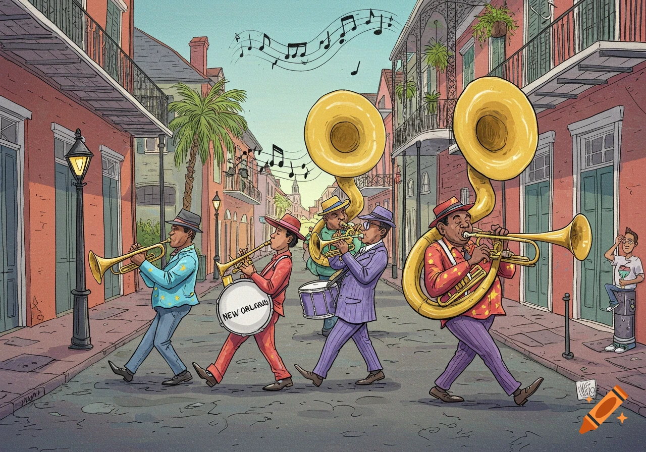 Cartoon brass band playing music while marching down a New Orleans street.