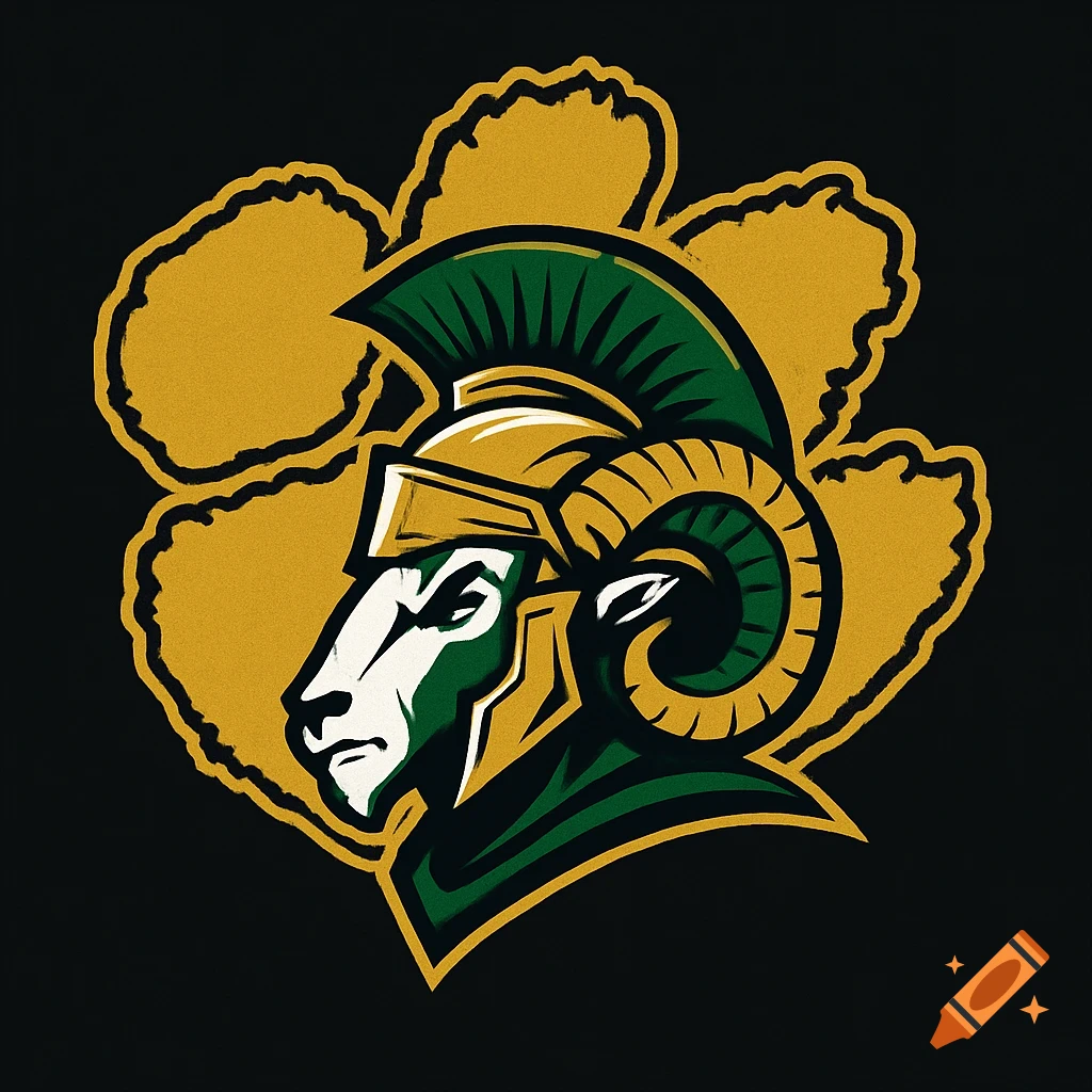 Spartan ram mascot logo in gold and green with a gold paw background.