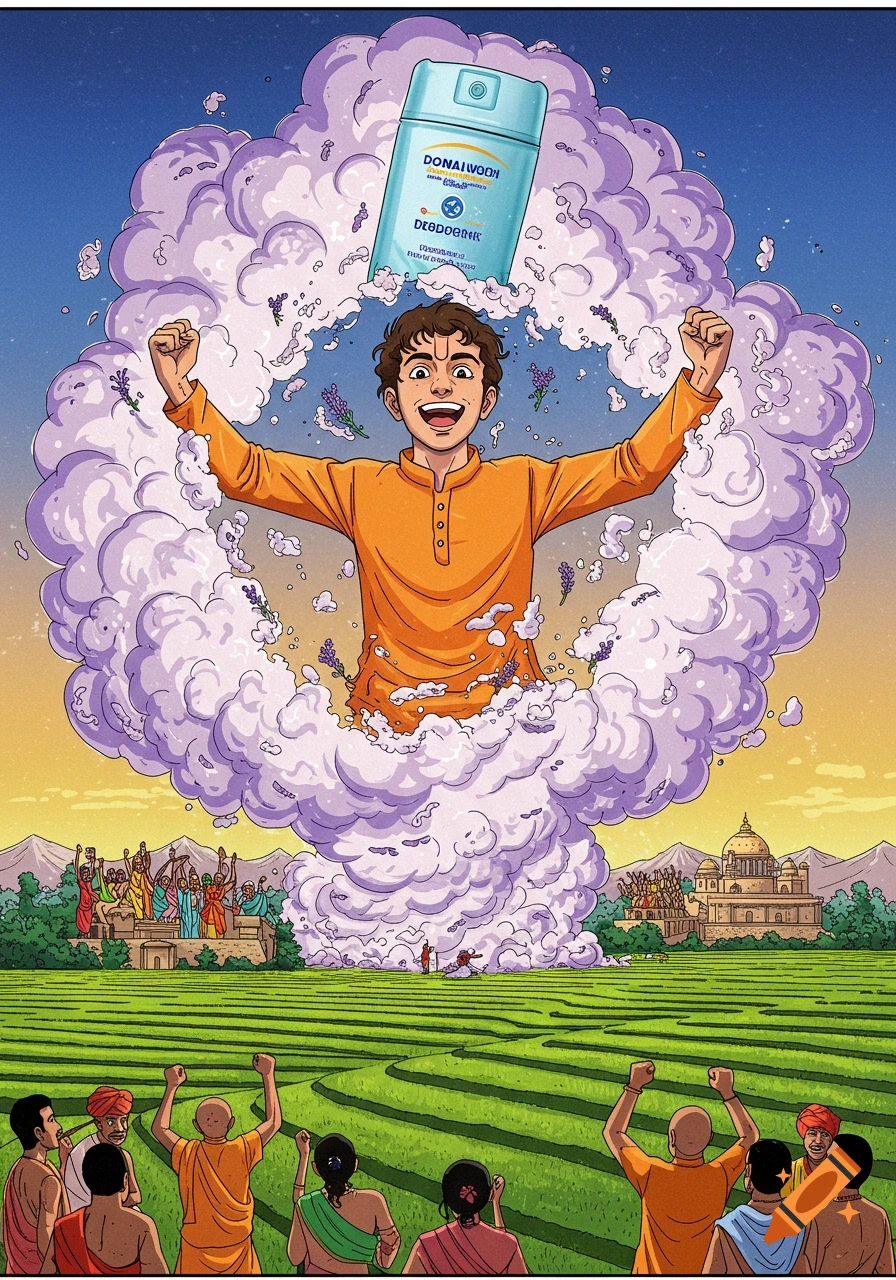 Illustrated scene of a man rising from a cloud with a giant deodorant bottle, watched by people in a field in India.
