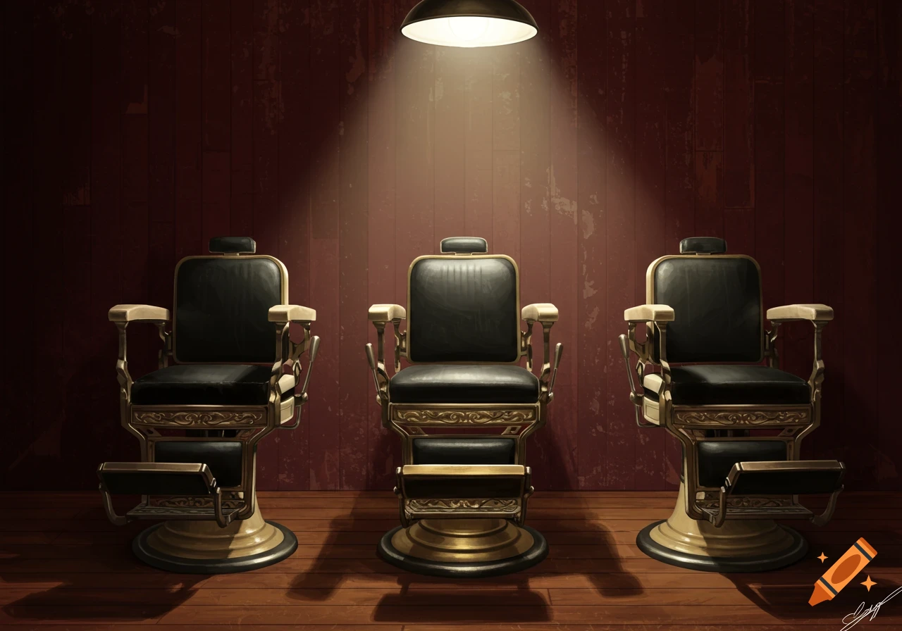 Three antique barber chairs under a spotlight