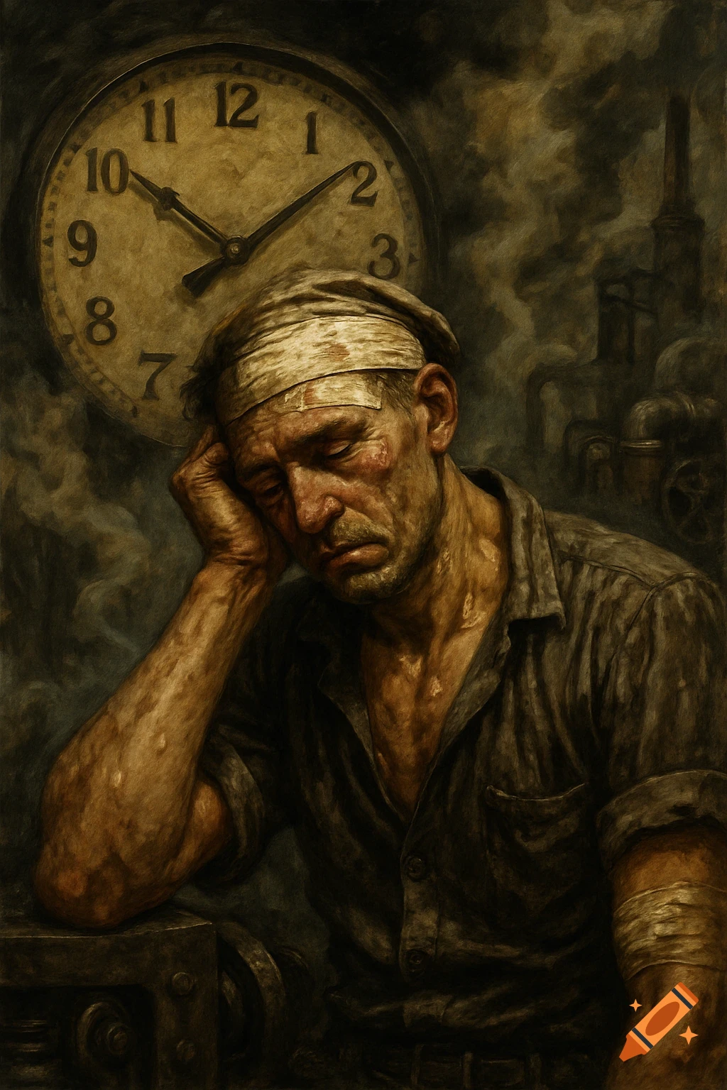 Tired worker resting head on hand next to a large clock and industrial machinery. Painterly style.