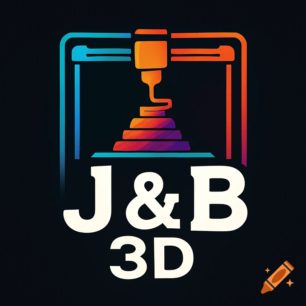 A colorful logo featuring a stylized 3D printer over the text "J & B 3D" on a dark background.