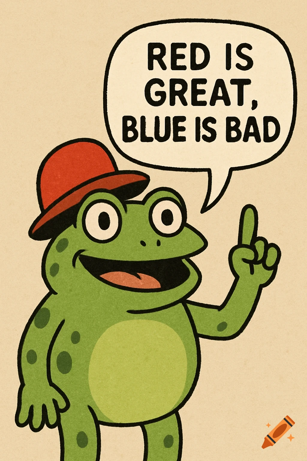 Cartoon frog in a red hat with a speech bubble saying "RED IS GREAT, BLUE IS BAD".