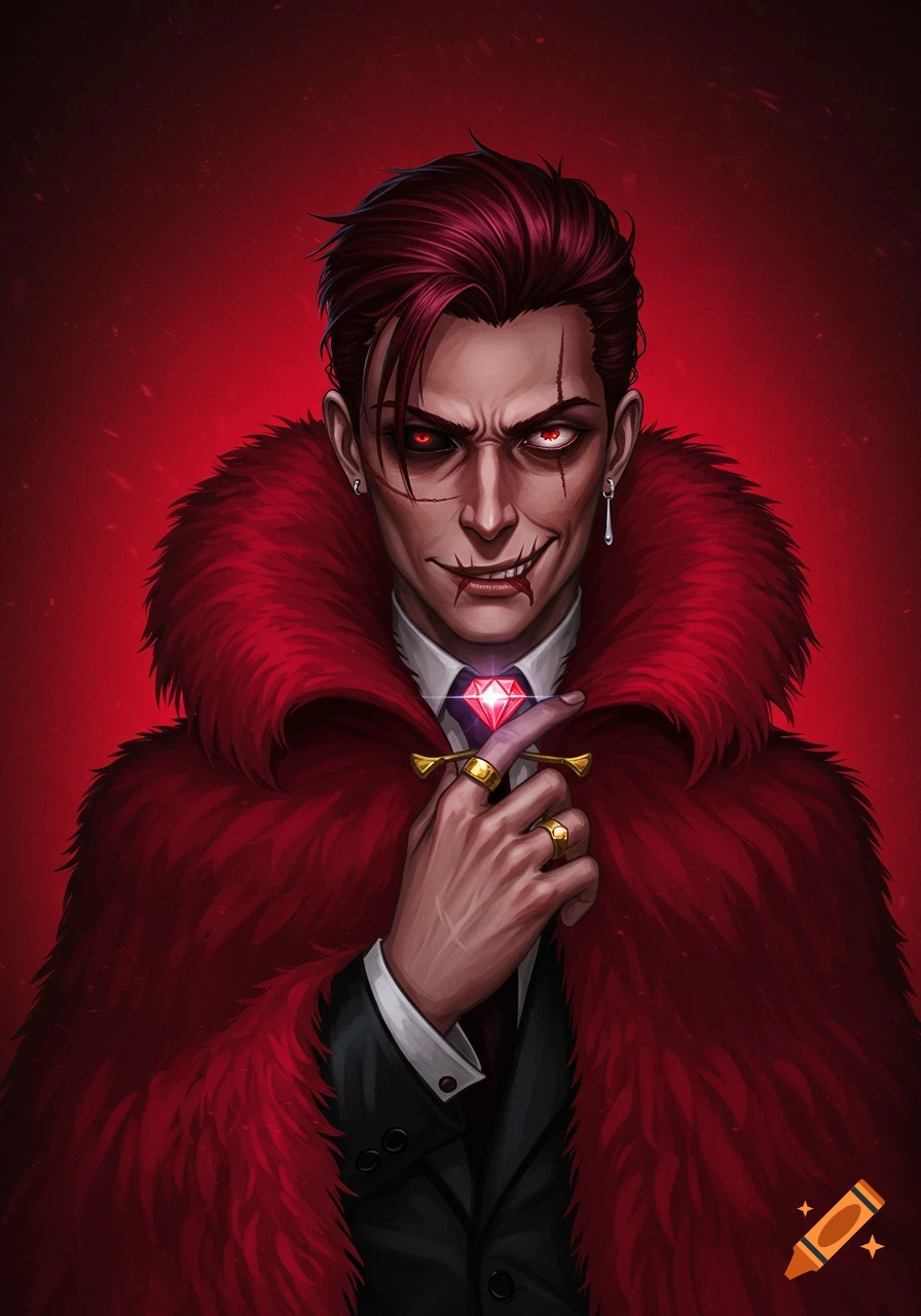 A man with red eyes, scars, and dark red hair wears a red fur cape, black suit, and diamond ring.