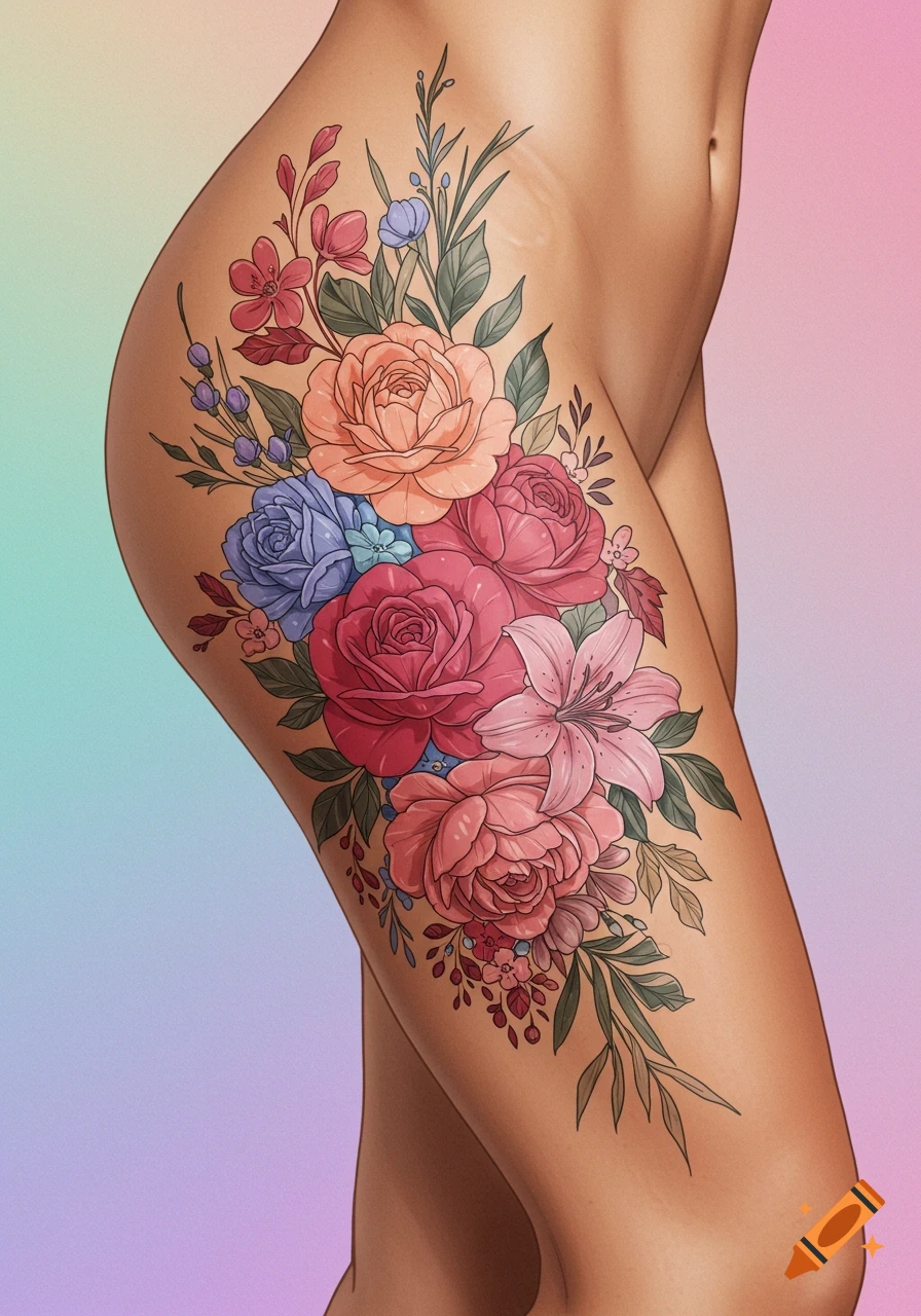 A colorful floral tattoo on a thigh.