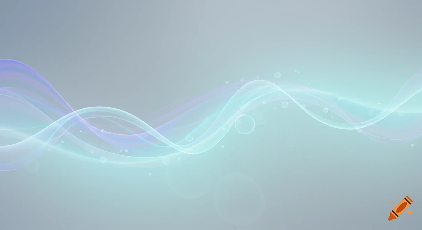 Abstract background with wavy purple and teal lines and bubbles on a grey gradient.