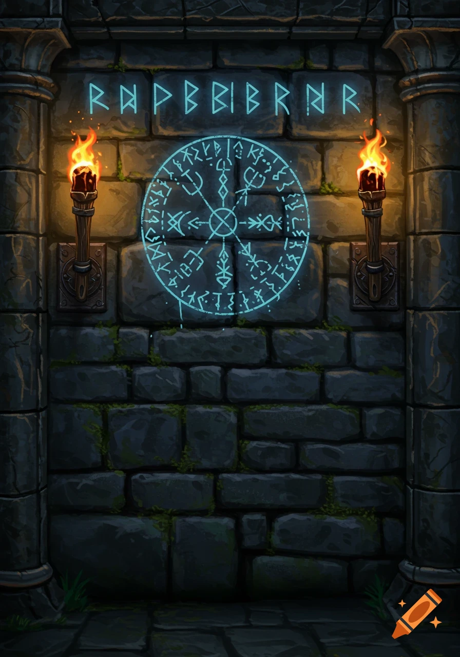 Fantasy stone wall with glowing runes and two lit torches