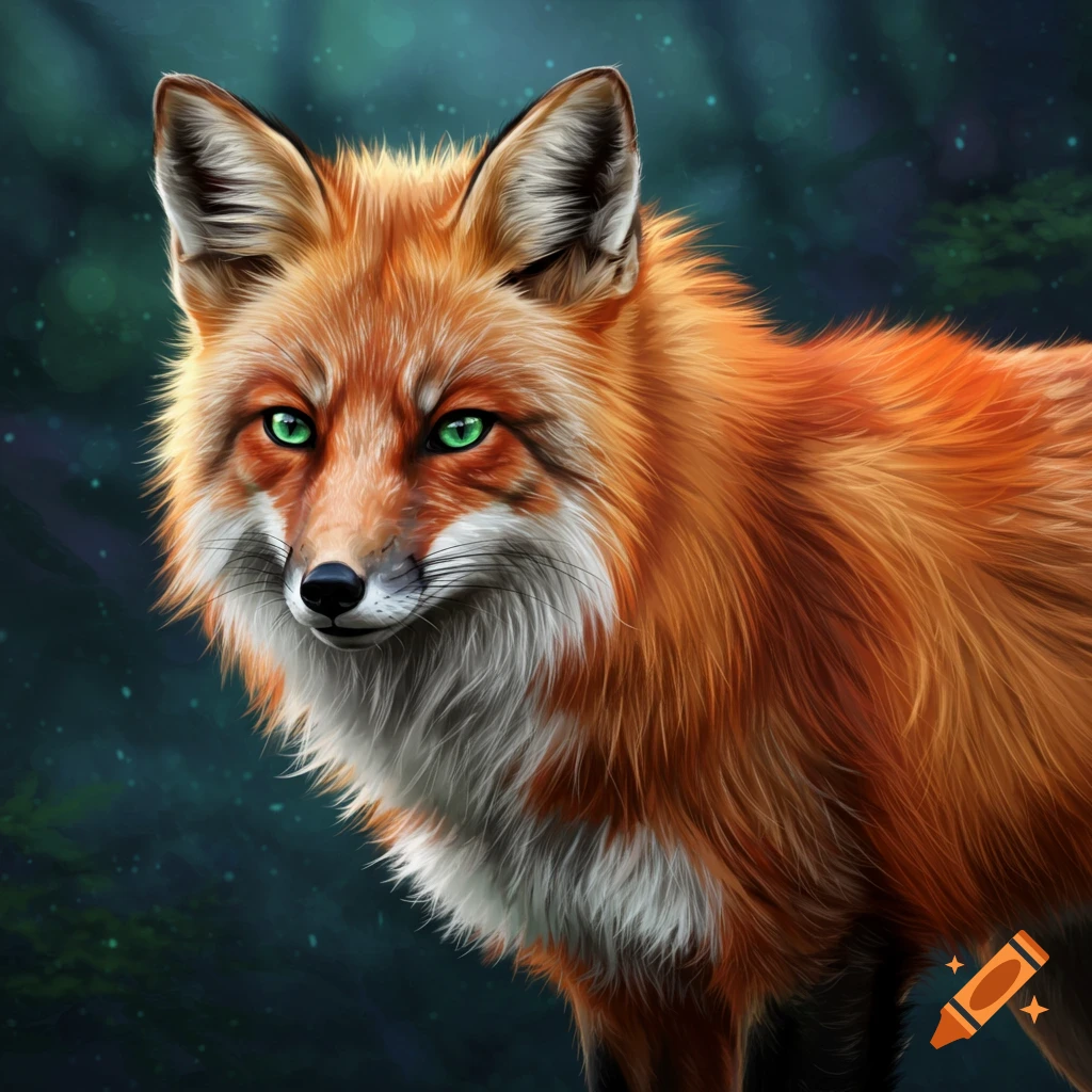 A close-up illustration of a red fox with bright green eyes in a dark forest.
