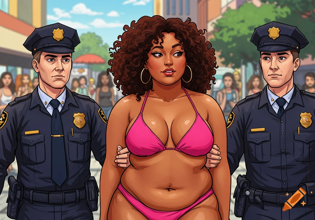 A woman in a pink bikini is held by two police officers in a comic art style.