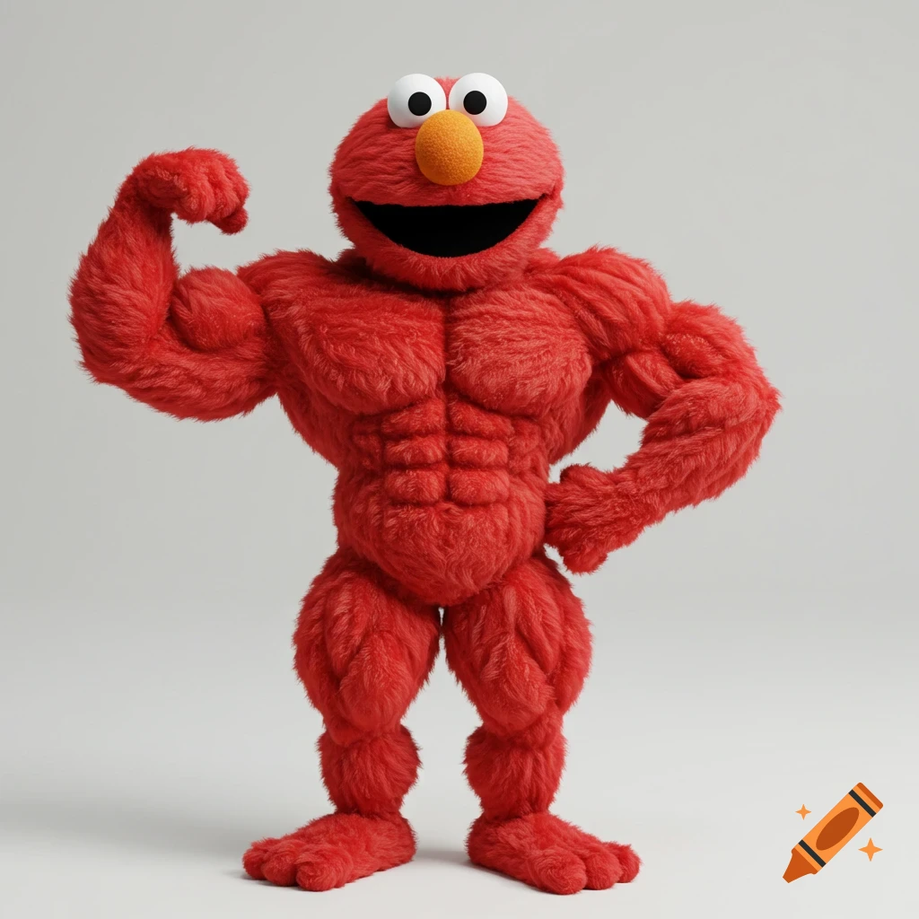 Buff Elmo puppet poses showing off large muscles.