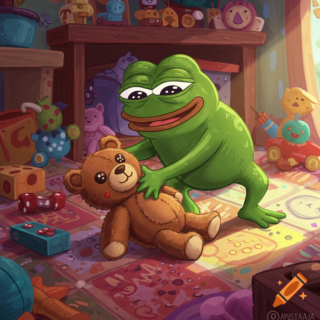 Pepe the frog playing with a teddy bear on the floor in a toy room.