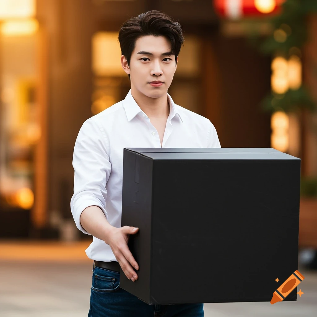Young man in a white shirt and jeans holds a large black box towards the camera.
